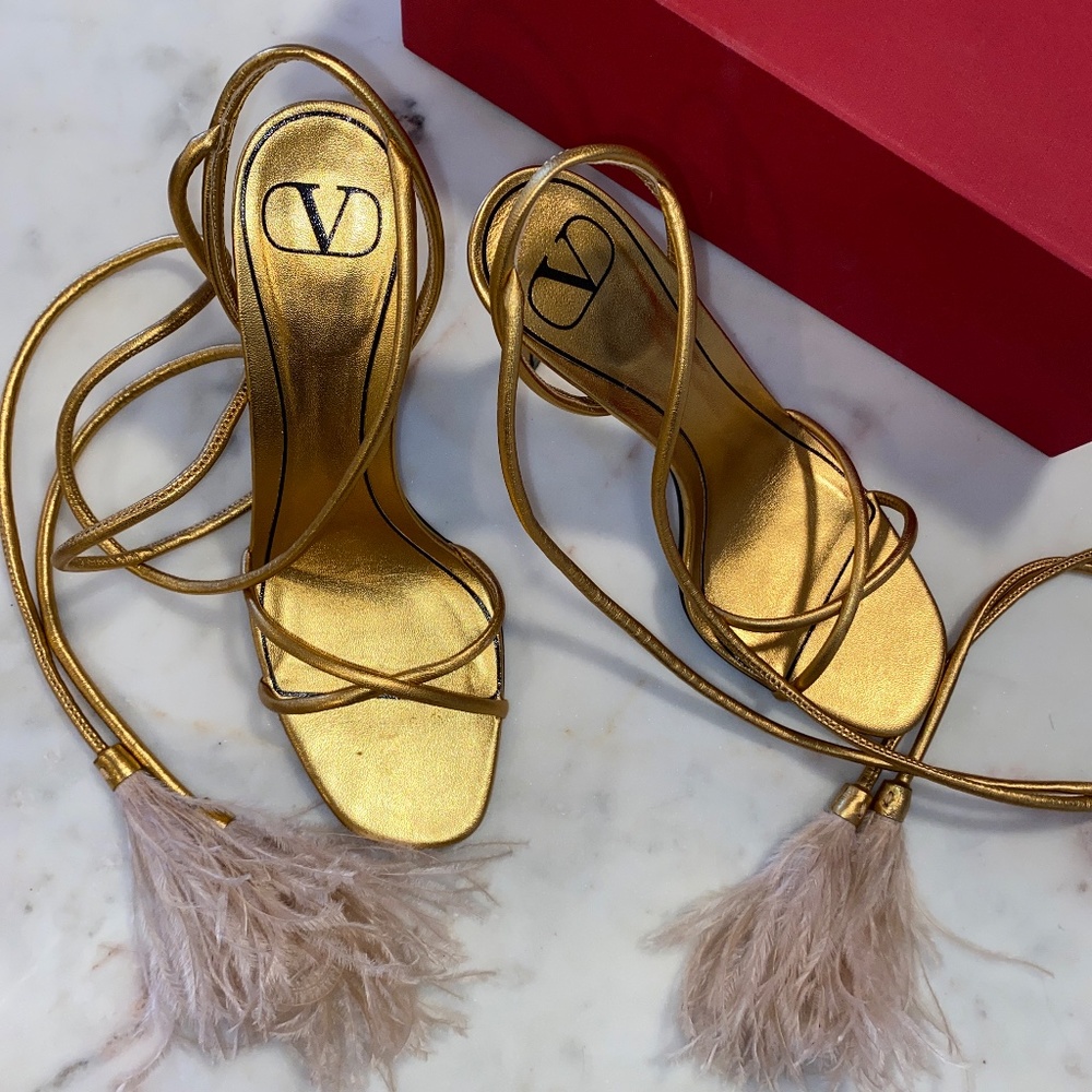 Sexy Valentino Metallic gold strappy  sandal heels with Ostrich feathers